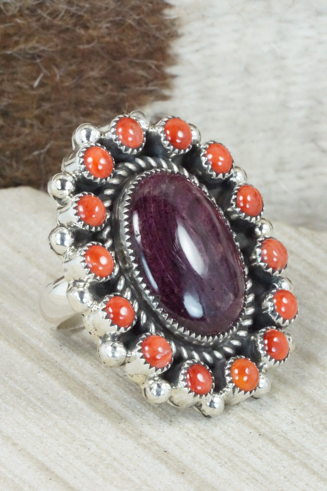 Spiny Oyster & Sterling Silver Ring - Sandra Parkett - Size 7 (Adj.)