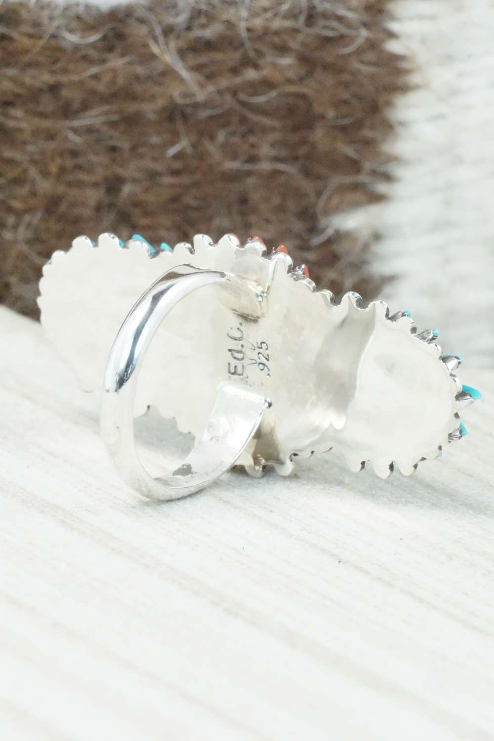 Turquoise, Coral & Sterling Silver Ring - Edmund Cooeyate - Size 7.5