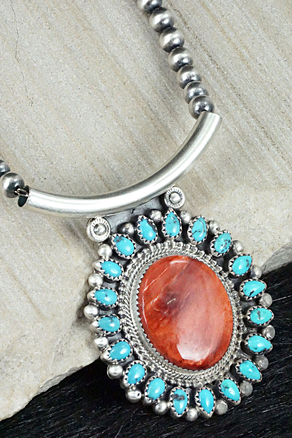 Turquoise, Spiny Oyster & Sterling Silver Necklace - Tom Lewis