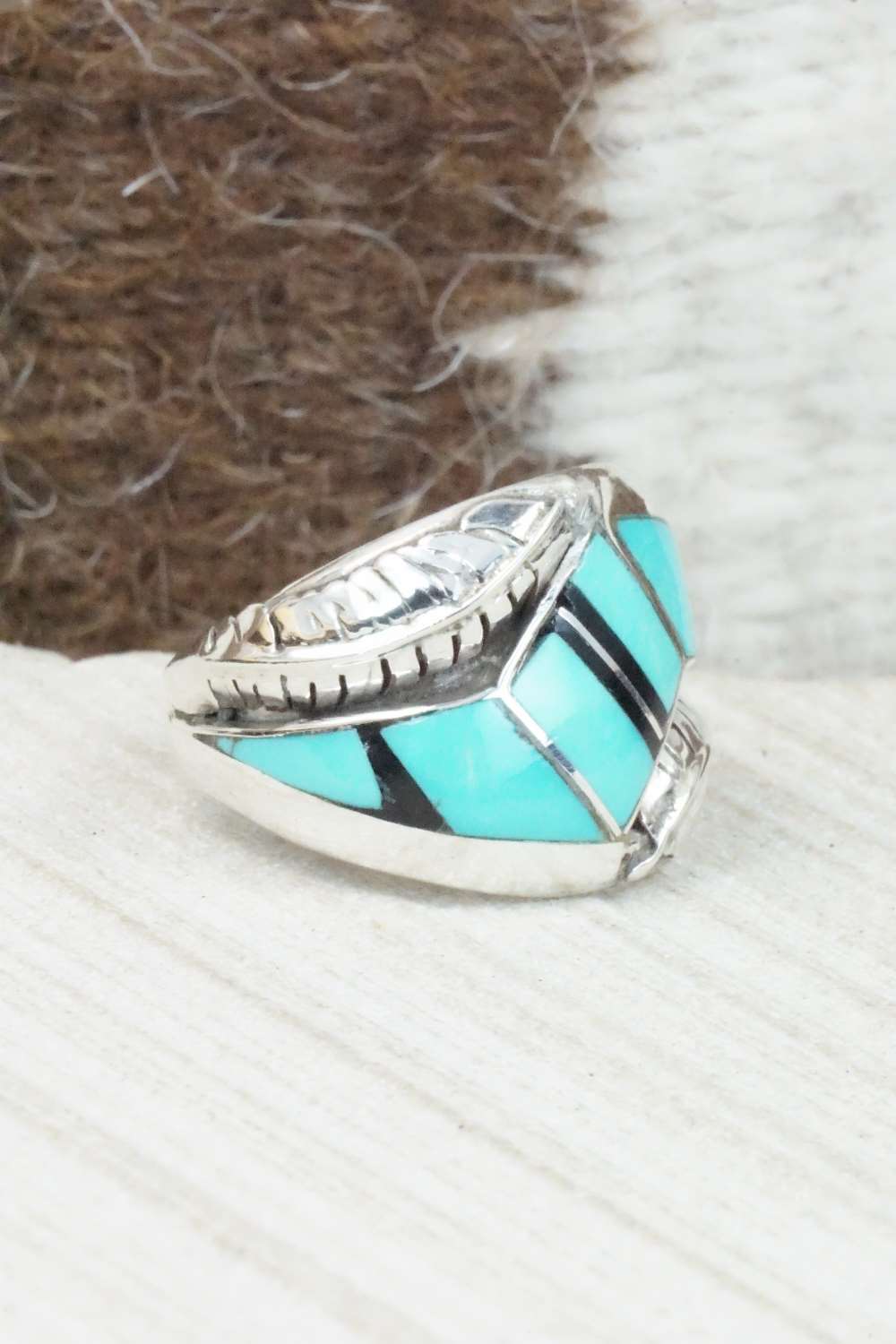 Turquoise, Onyx & Sterling Silver Ring - Size 8.5
