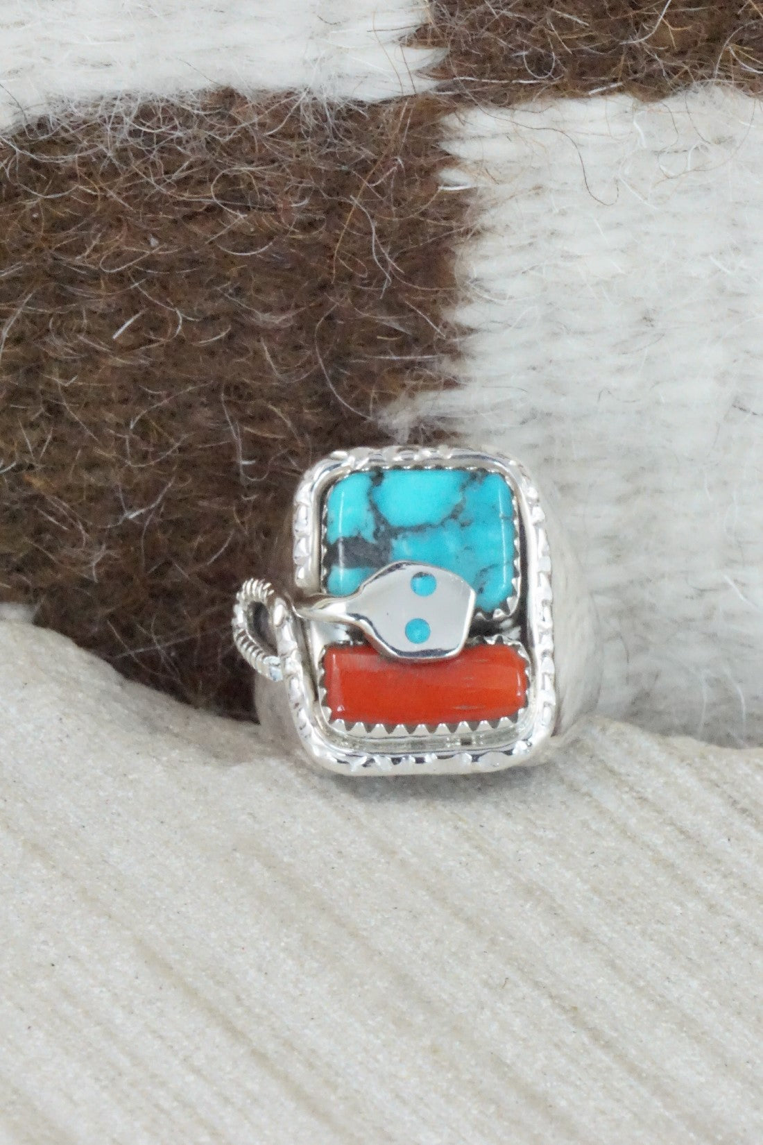 Turquoise, Coral & Sterling Silver Ring - Joy Calavaza - Size 9