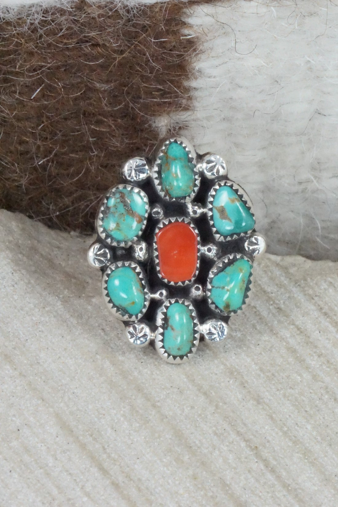 Turquoise, Coral & Sterling Silver Ring - Priscilla Reeder - Size 8.25
