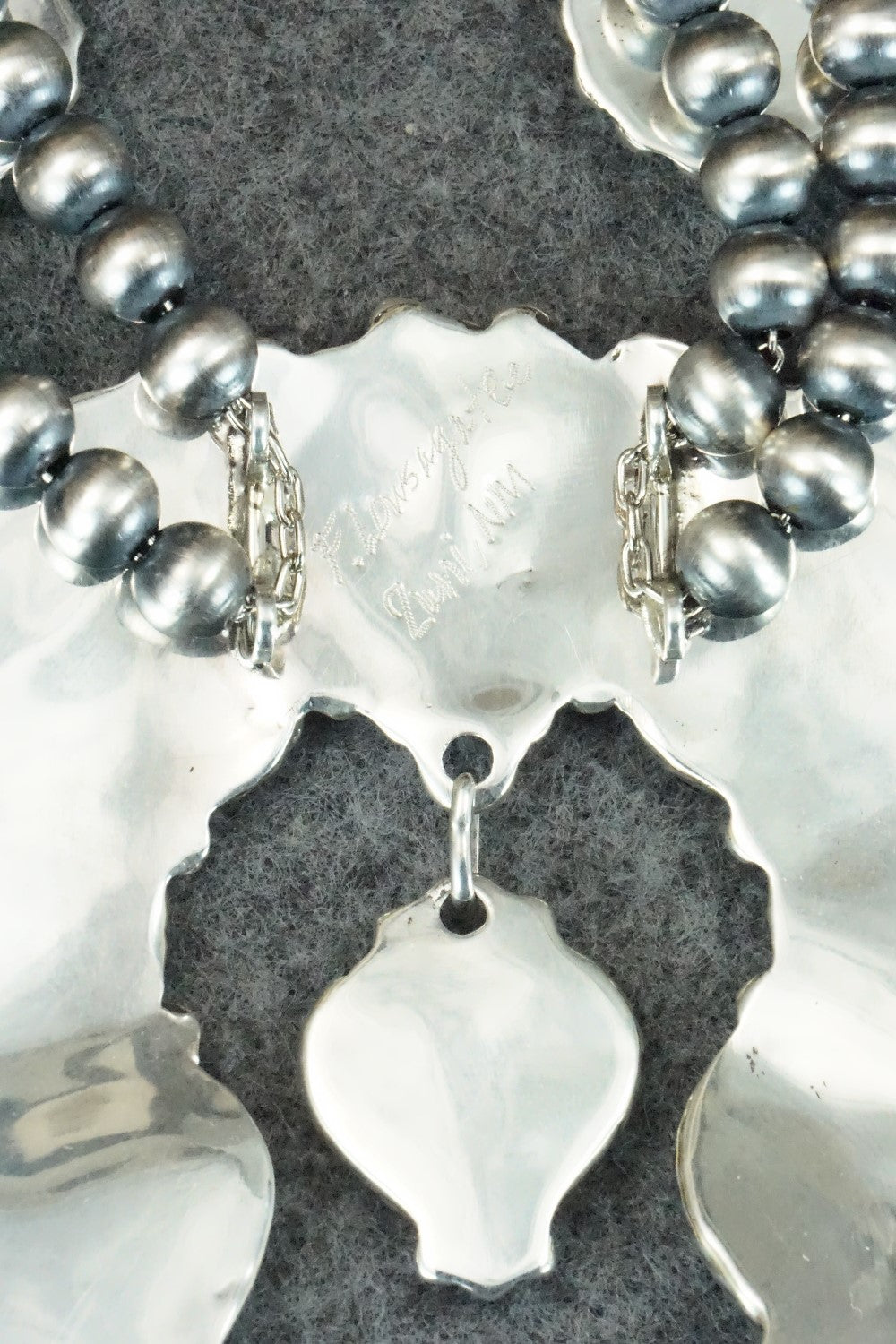 Turquoise & Sterling Silver Squash Blossom Necklace and Earrings - Faye Lowsayatee