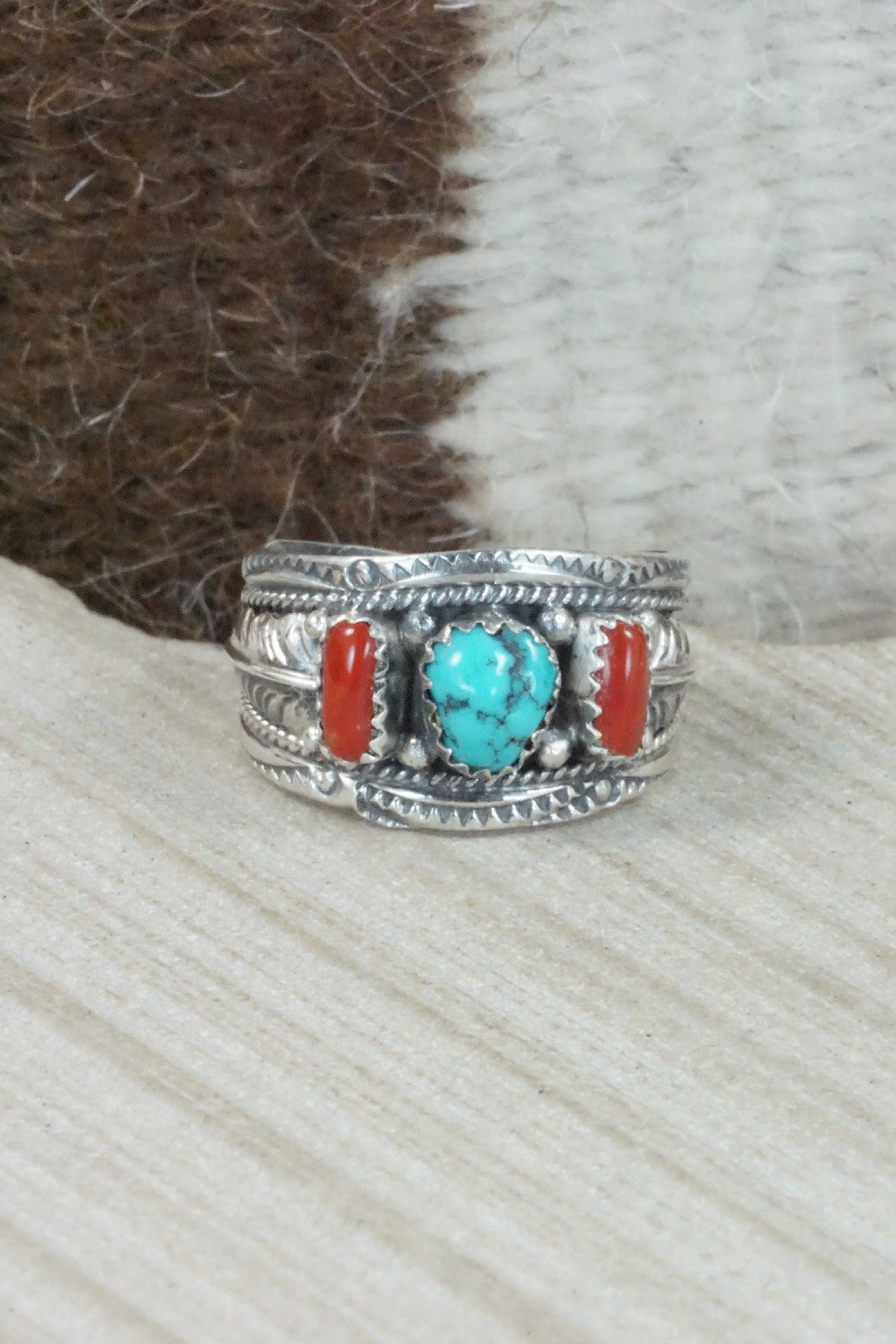 Turquoise, Coral & Sterling Silver Ring - Betty Begay - Size 11