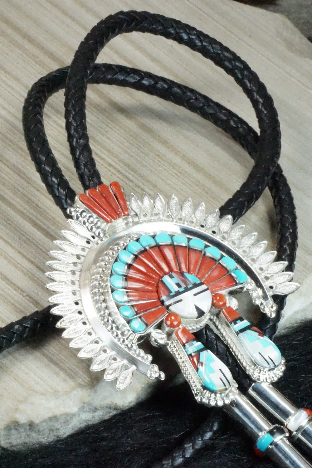 Turquoise, Coral & Sterling Silver Inlay Bolo Tie - Patty Edaakie