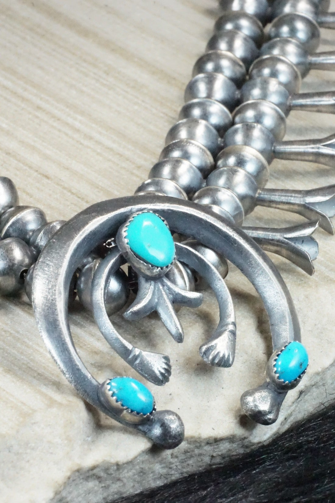 Turquoise & Sterling Silver Squash Blossom Necklace and Earrings - Gilbert Martin