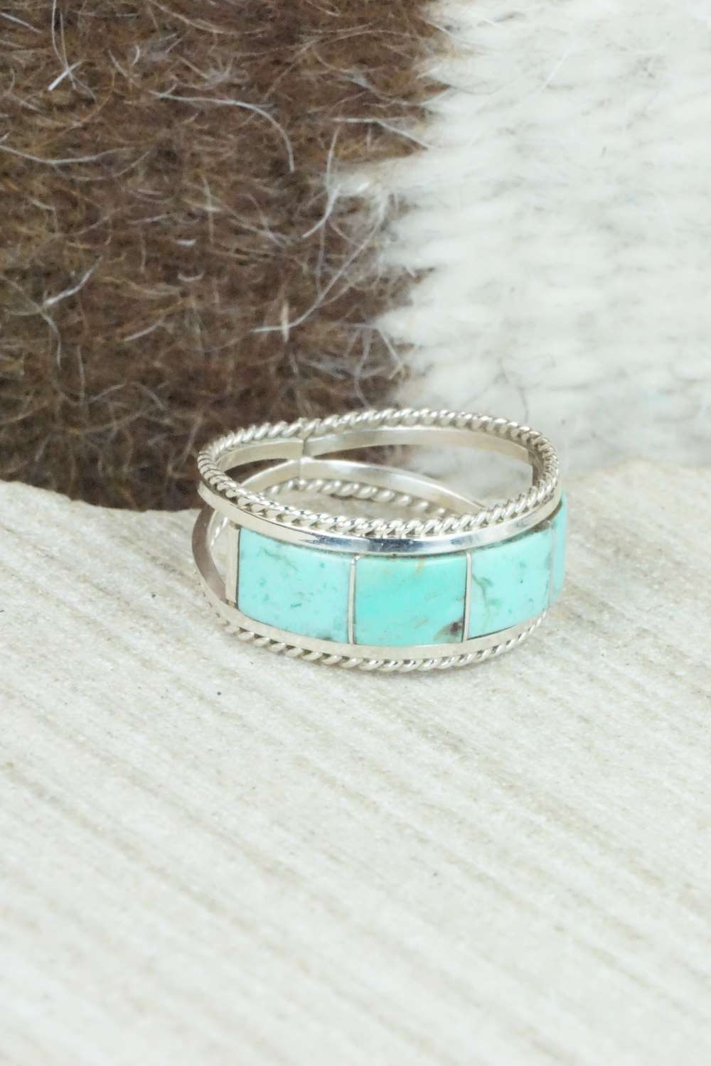 Turquoise & Sterling Silver Inlay Ring - Bruce Johnson - Size 6.5