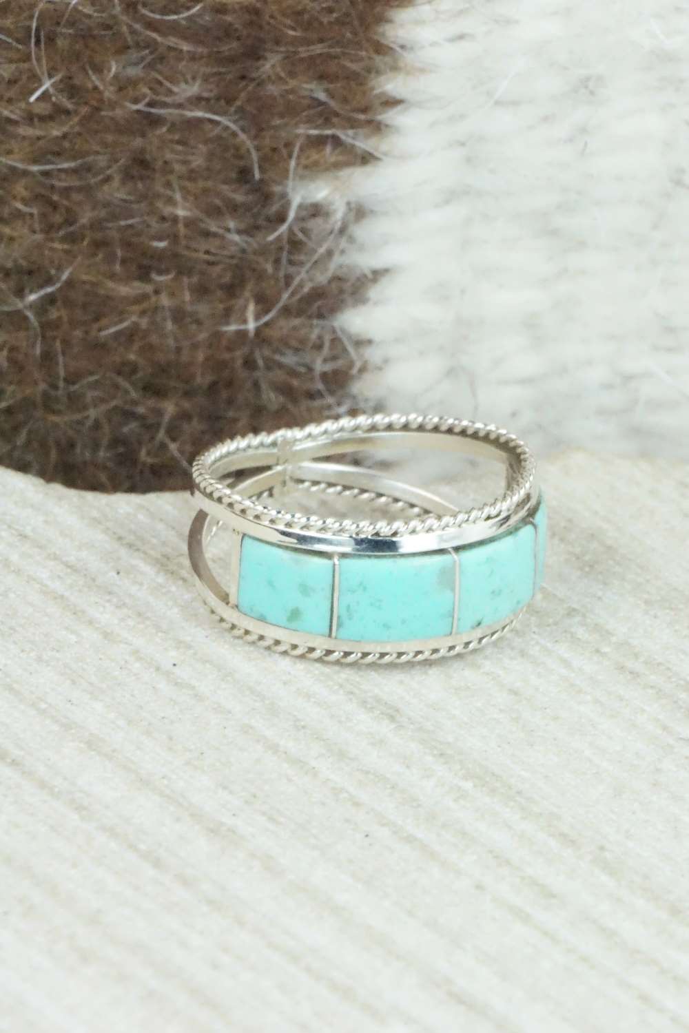 Turquoise & Sterling Silver Inlay Ring - Bruce Johnson - Size 7