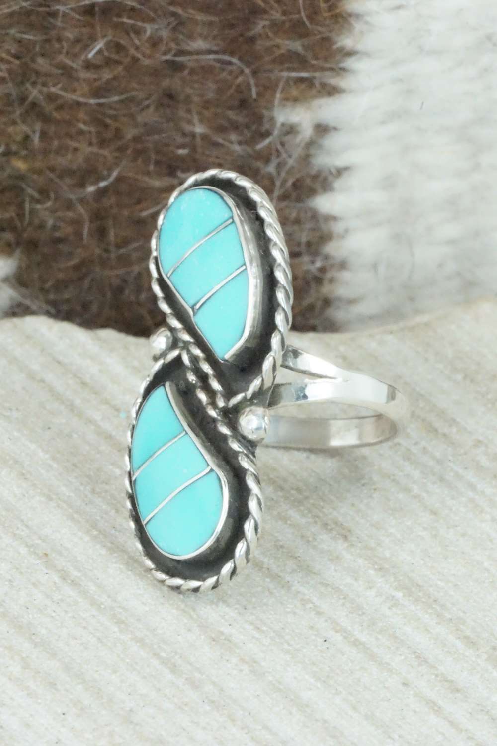 Turquoise & Sterling Silver Inlay Ring - Susie Lowsayatee - Size 7.5
