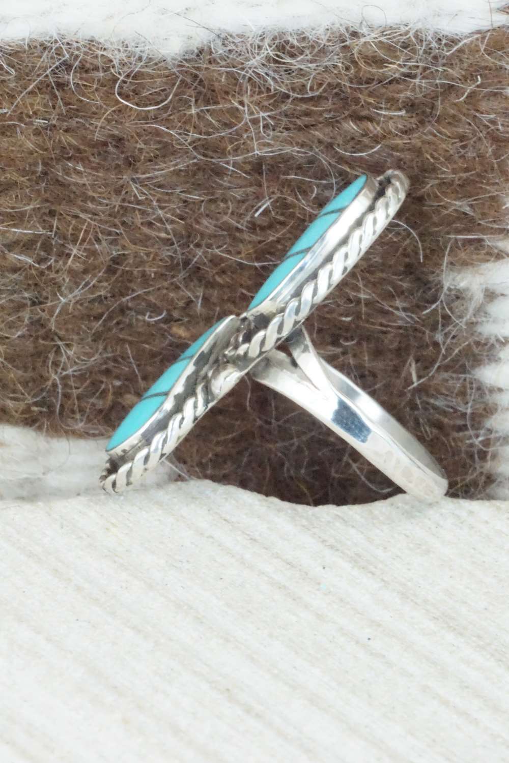 Turquoise & Sterling Silver Inlay Ring - Susie Lowsayatee - Size 7.5
