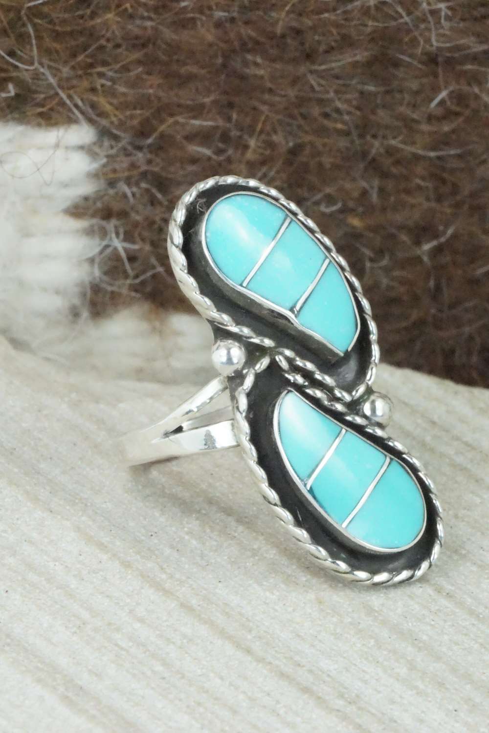Turquoise & Sterling Silver Inlay Ring - Susie Lowsayatee - Size 7.5