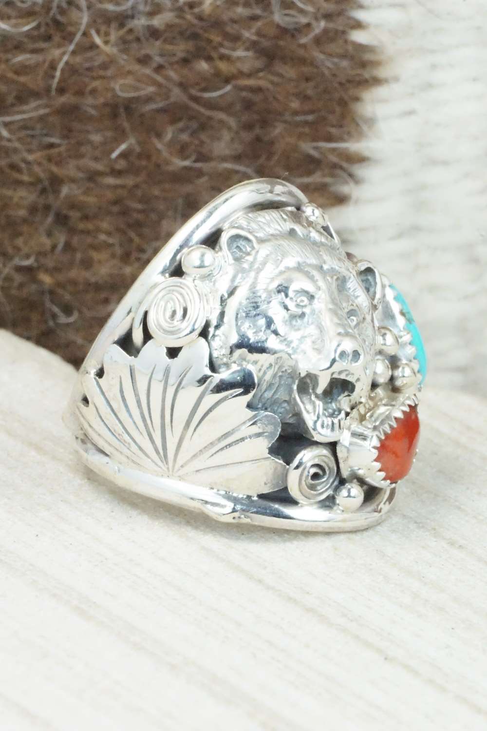 Turquoise, Coral and Sterling Silver Ring - Jeanette Saunders - Size 12
