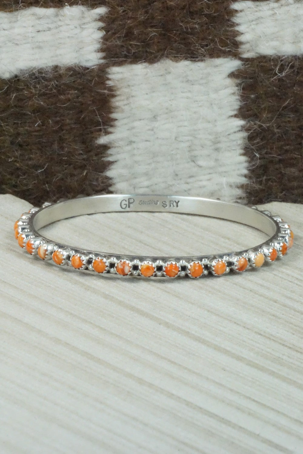 Spiny Oyster & Sterling Silver Bangle Bracelet - Gaynell Parker
