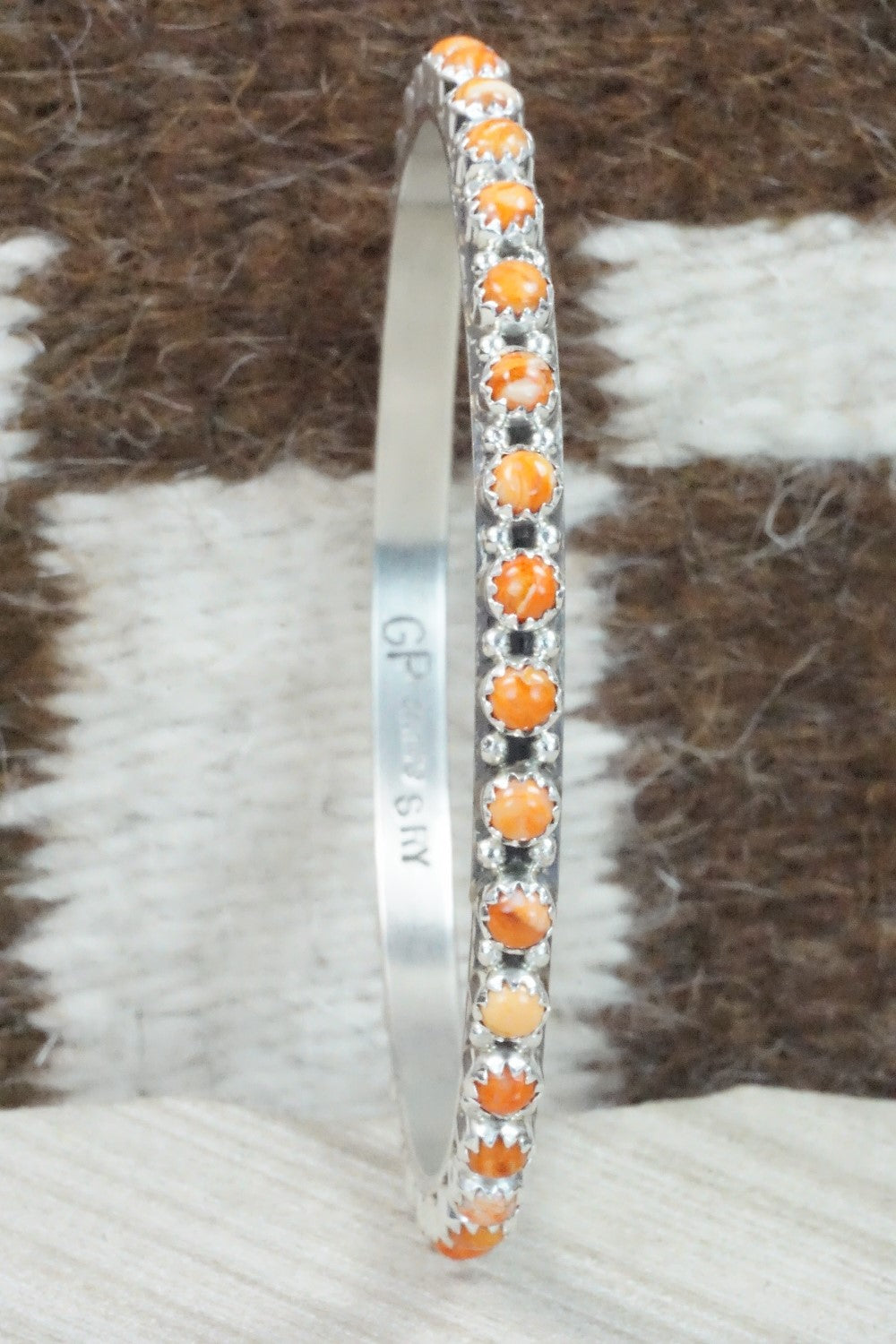 Spiny Oyster & Sterling Silver Bangle Bracelet - Gaynell Parker