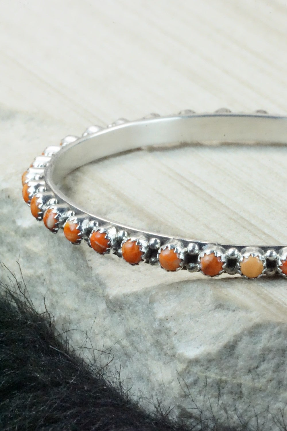 Spiny Oyster & Sterling Silver Bangle Bracelet - Gaynell Parker