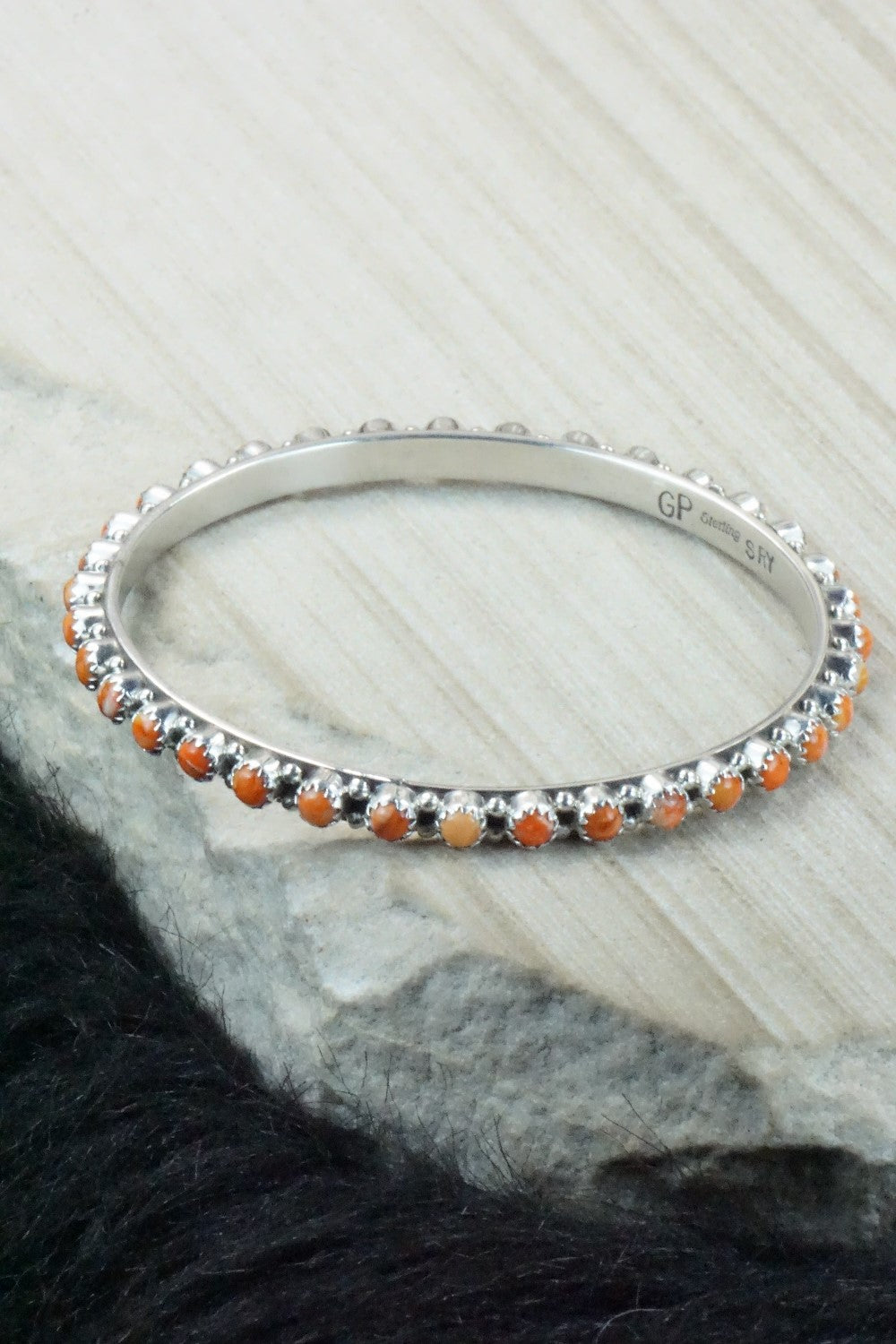Spiny Oyster & Sterling Silver Bangle Bracelet - Gaynell Parker