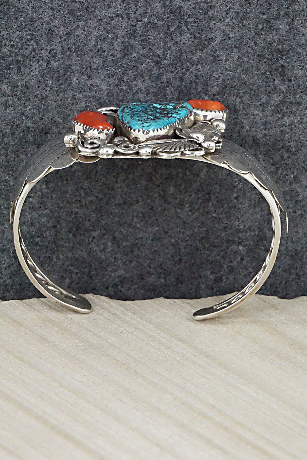 Turquoise, Coral and Sterling Silver Bracelet - Shirley Largo