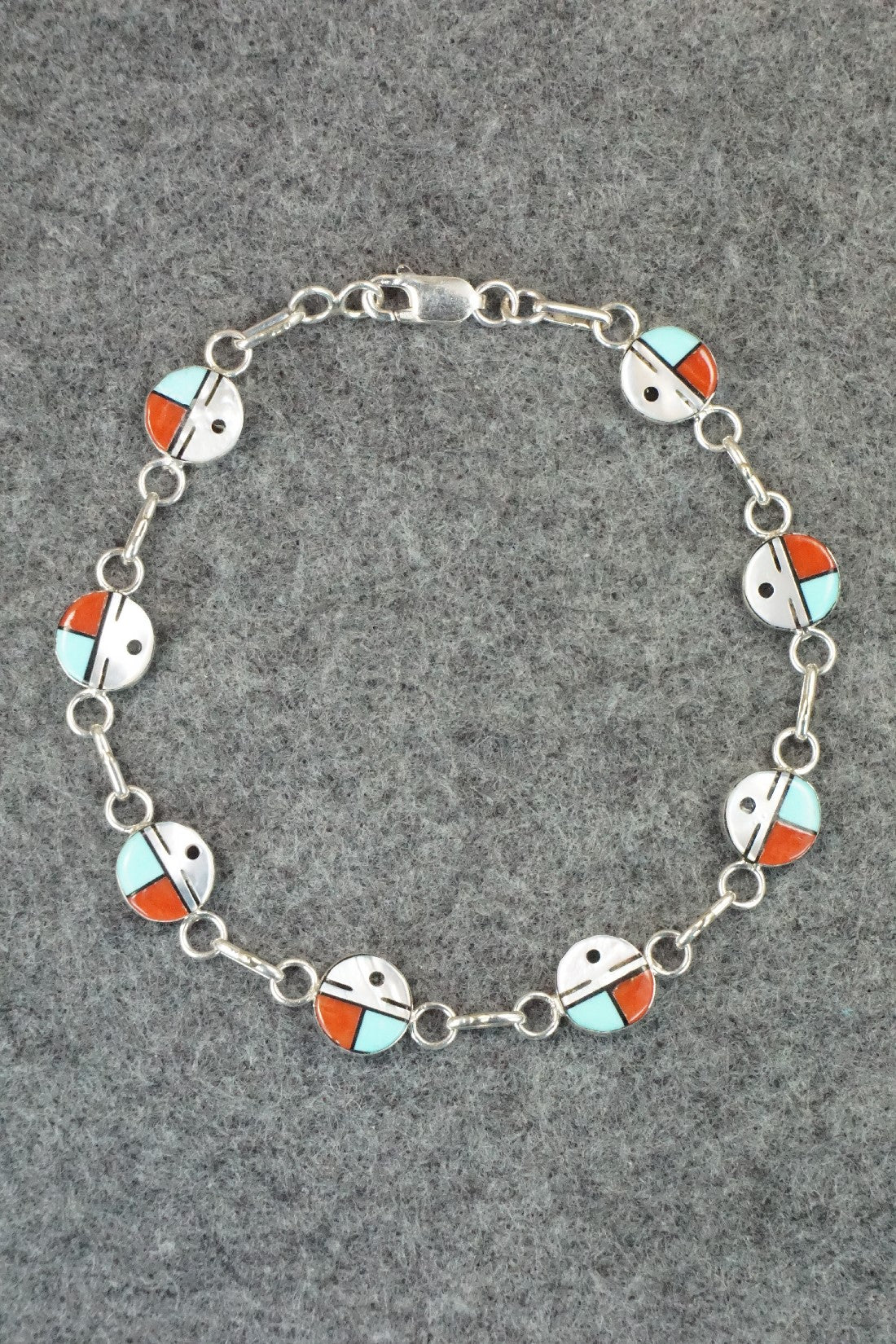 Coral, Turquoise & Sterling Silver Link Bracelet - Tyrone Martinez