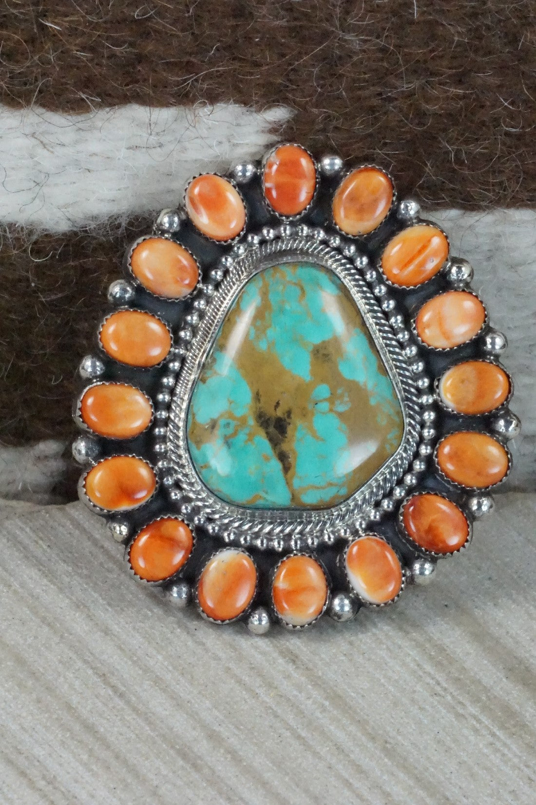 Turquoise, Spiny Oyster & Sterling Silver Ring - Hemerson Brown - Size 8 (Adj.)