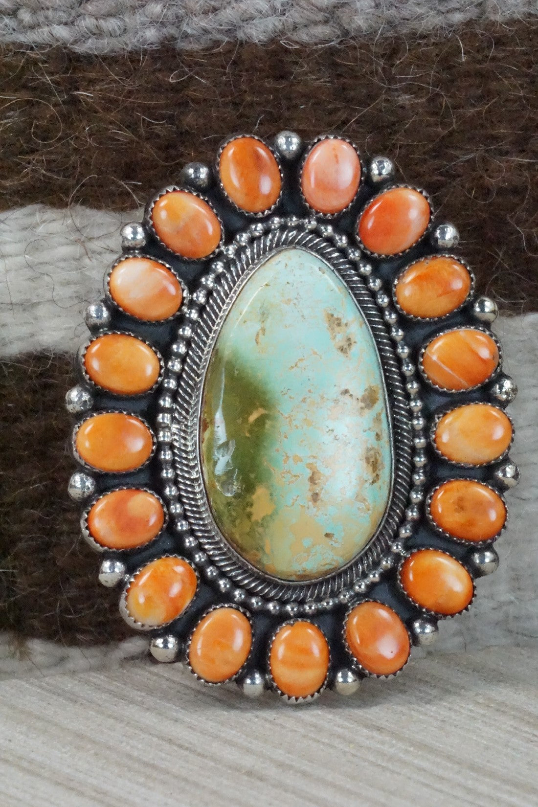 Turquoise, Spiny Oyster & Sterling Silver Ring - Hemerson Brown - Size 8.5 (Adj.)