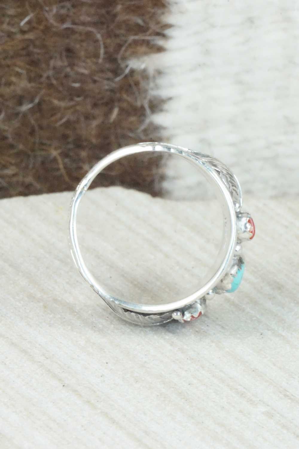 Turquoise, Coral and Sterling Silver Ring - Betty Begaye - Size 10