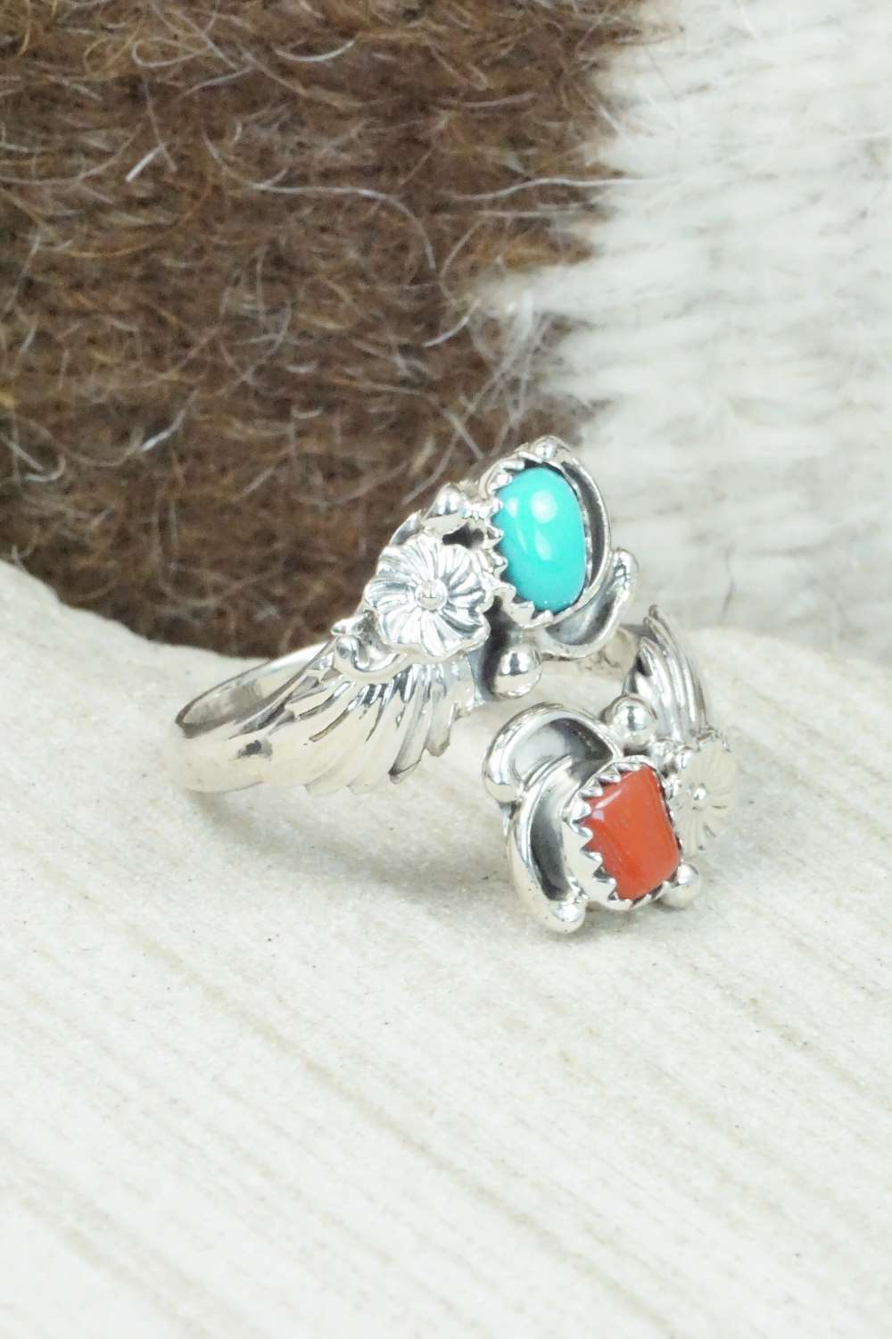 Turquoise, Coral & Sterling Silver Ring - Etta Belin - Size 8