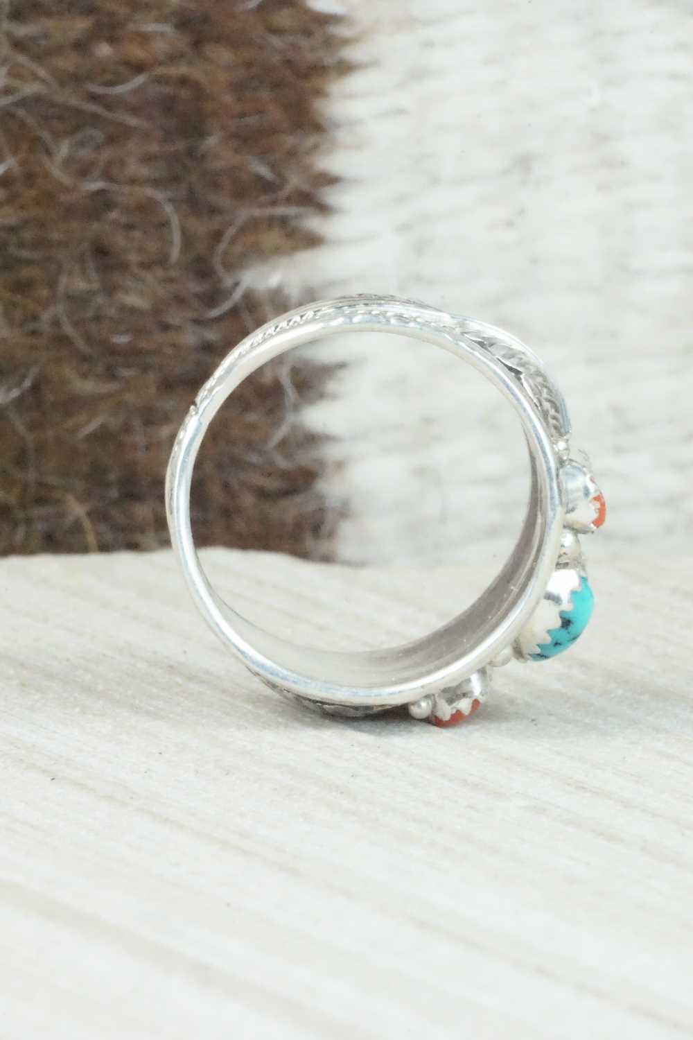 Turquoise, Coral and Sterling Silver Ring - Betty Begaye - Size 9.5