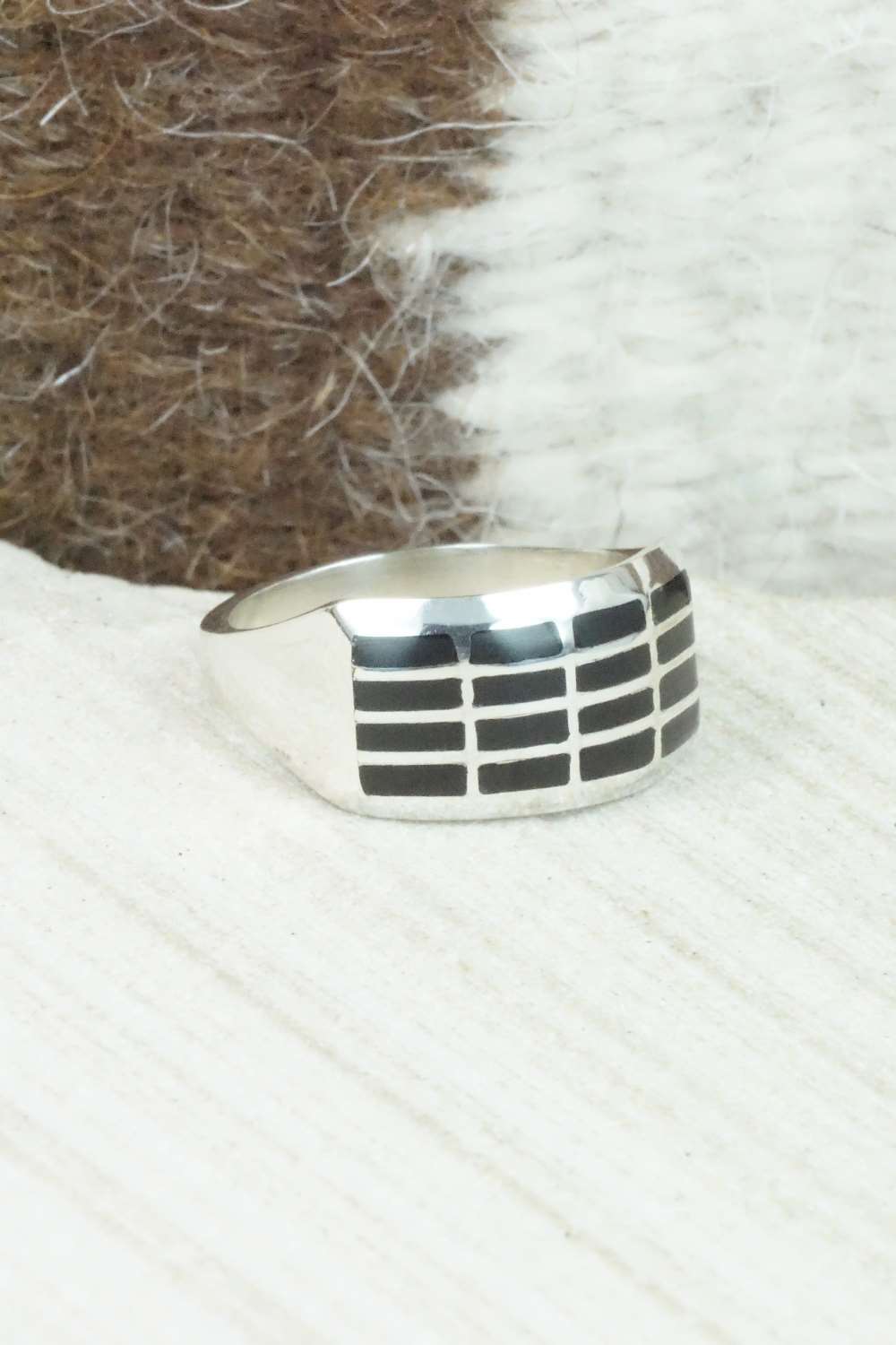 Onyx and Sterling Silver Inlay Ring - Kenneth Natewa - Size 7.75