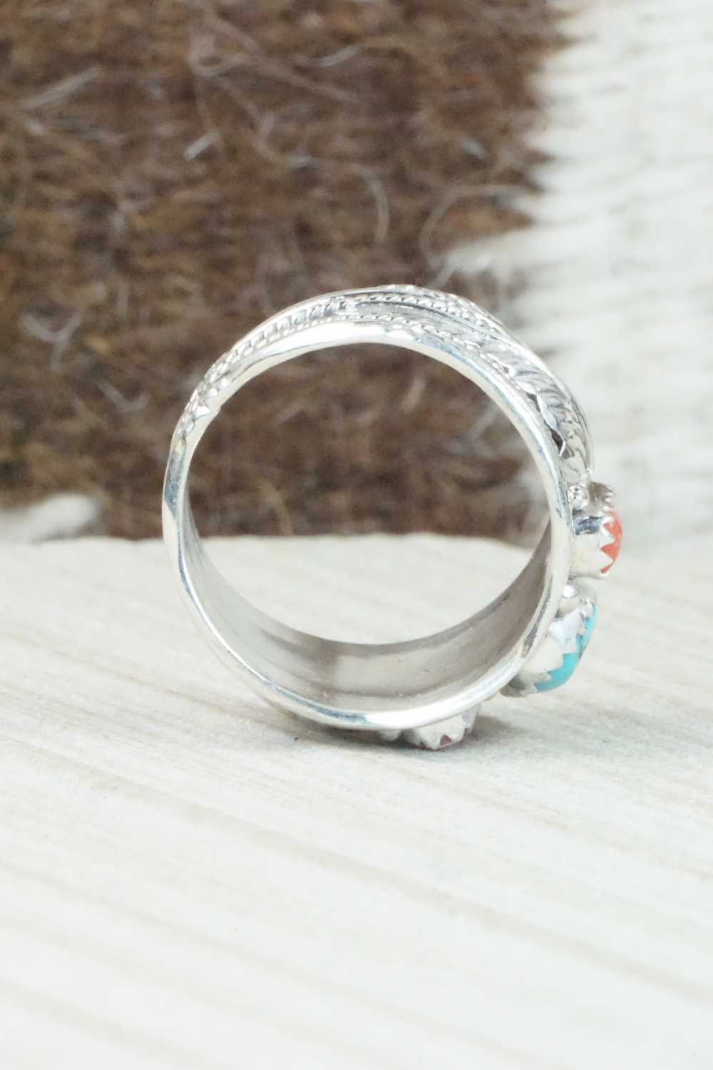 Turquoise, Coral and Sterling Silver Ring - Betty Begaye - Size 9