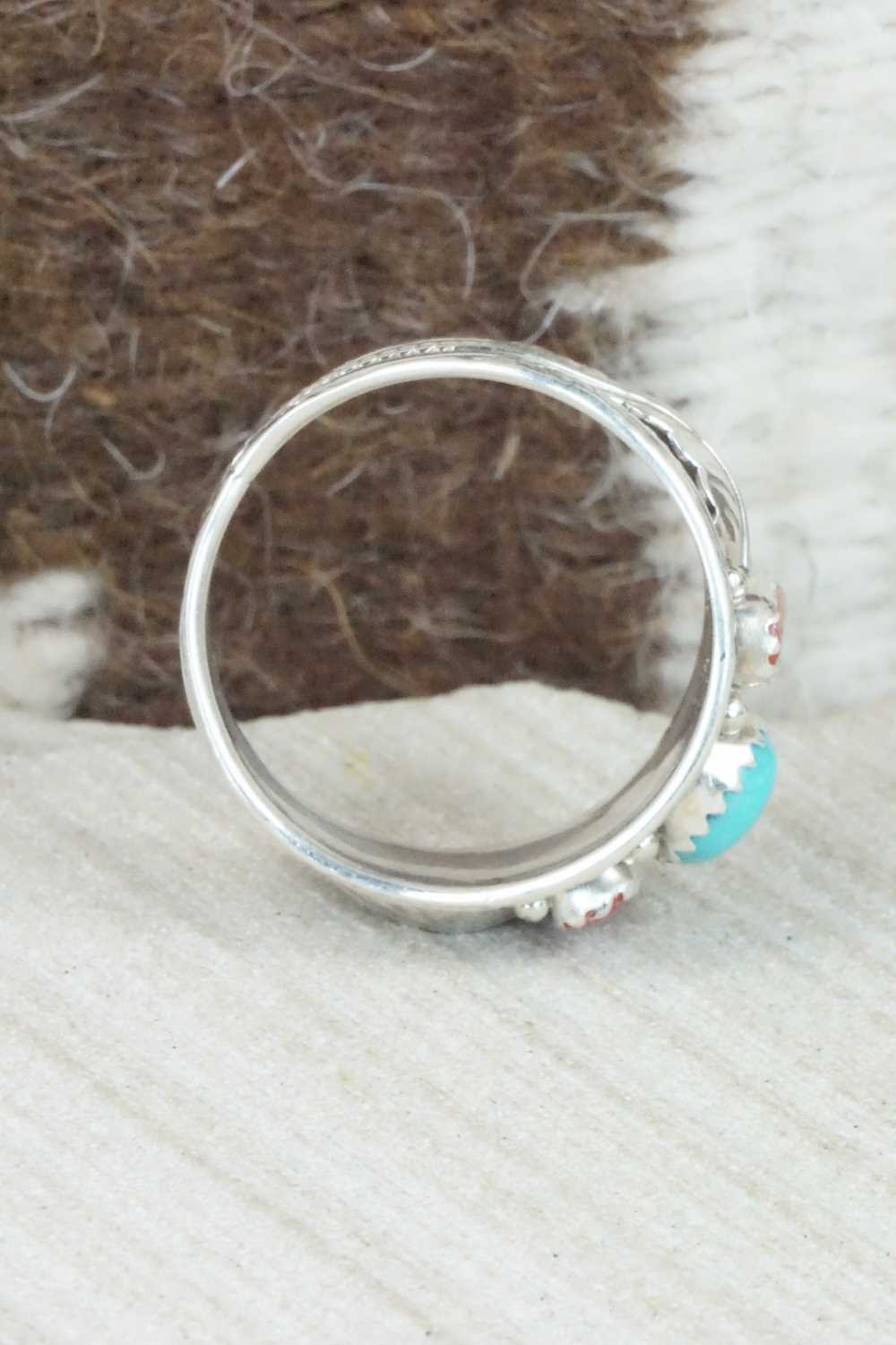 Turquoise, Coral and Sterling Silver Ring - Betty Begaye - Size 12.25
