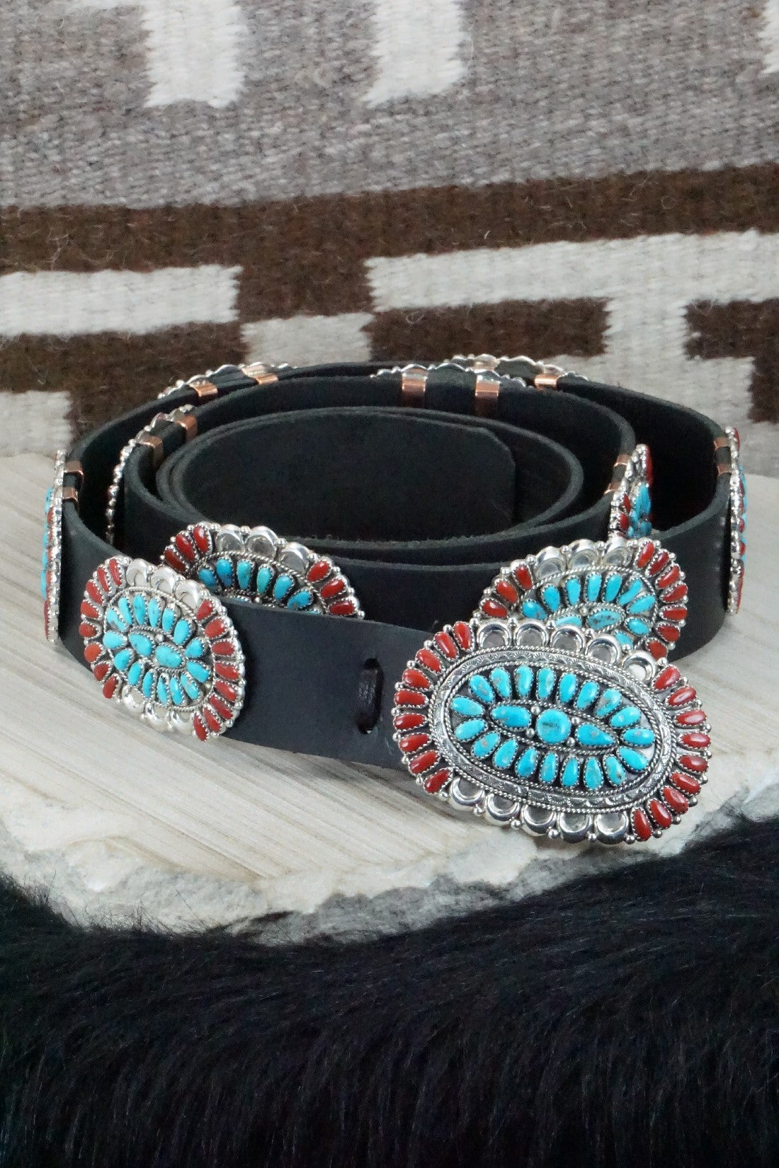 Turquoise, Coral & Sterling Silver Squash Blossom Necklace Set - Justina Wilson