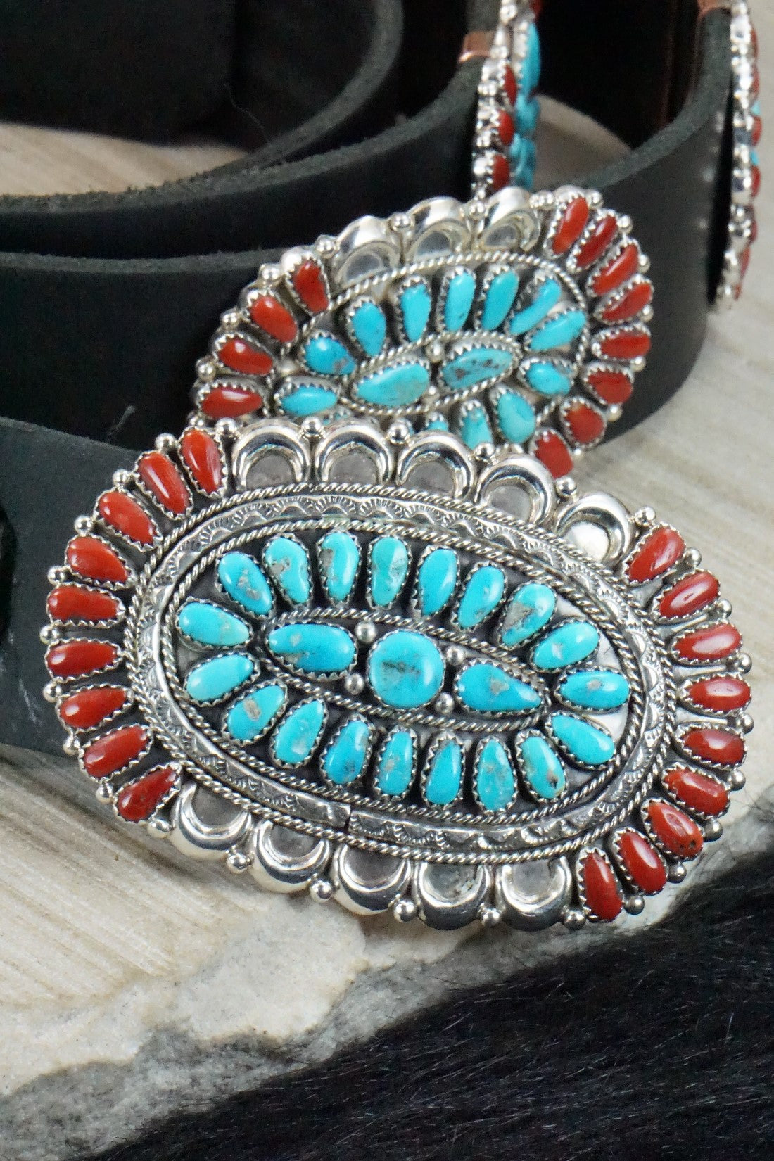 Turquoise, Coral & Sterling Silver Squash Blossom Necklace Set - Justina Wilson