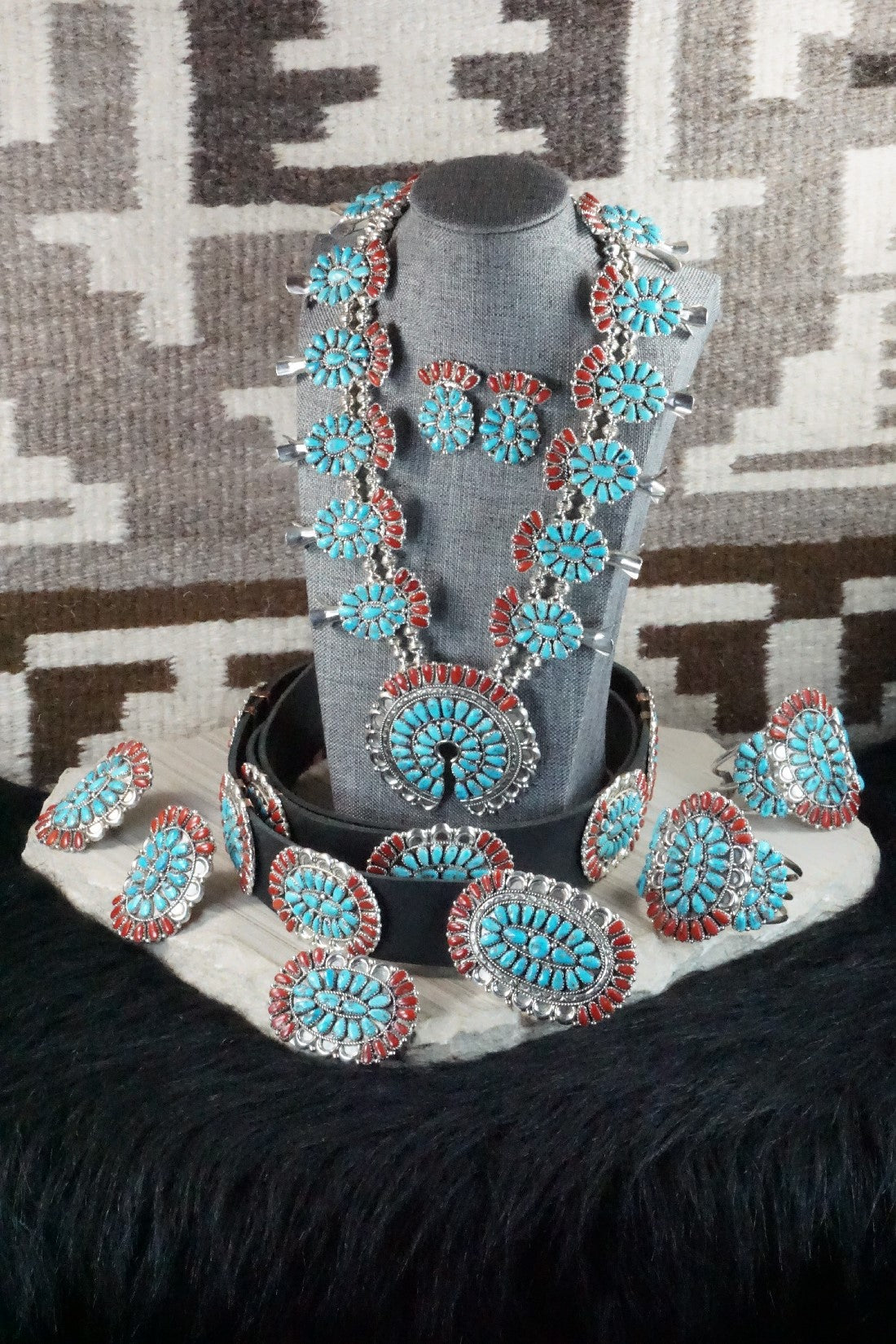 Turquoise, Coral & Sterling Silver Squash Blossom Necklace Set - Justina Wilson