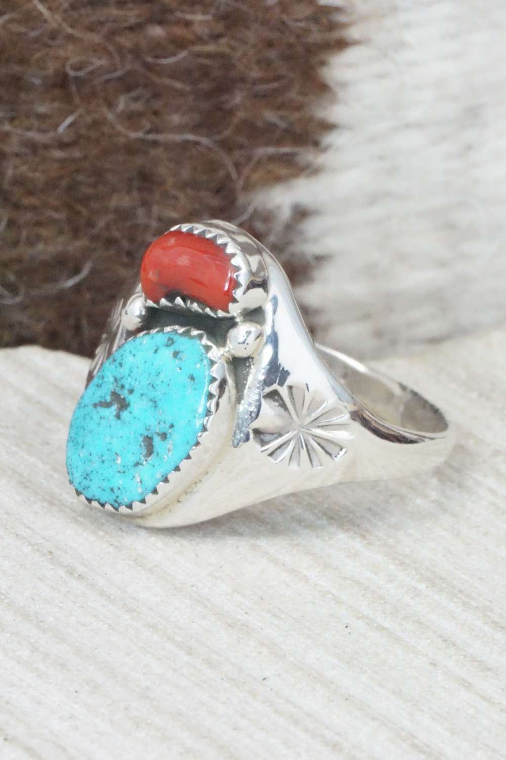 Turquoise, Coral & Sterling Silver Ring - Pauline Nelson - Size 15.75