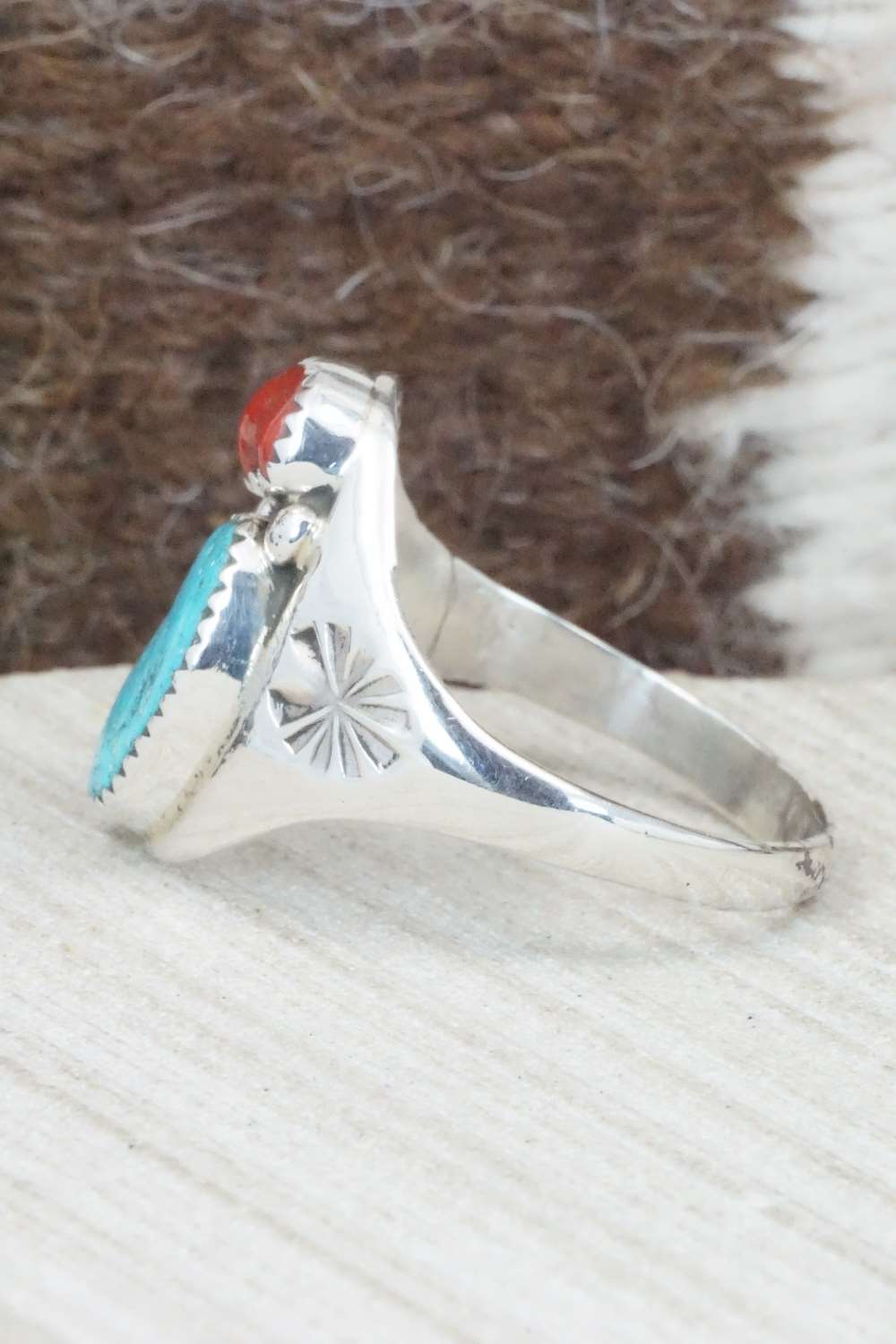 Turquoise, Coral & Sterling Silver Ring - Pauline Nelson - Size 15.75