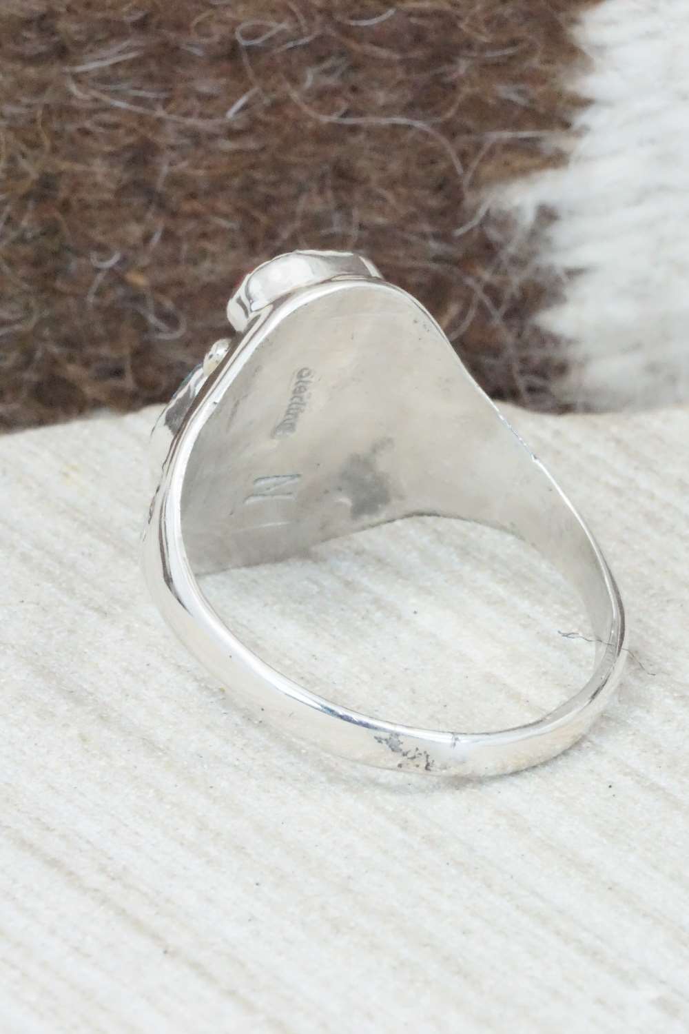Turquoise, Coral & Sterling Silver Ring - Pauline Nelson - Size 15.75
