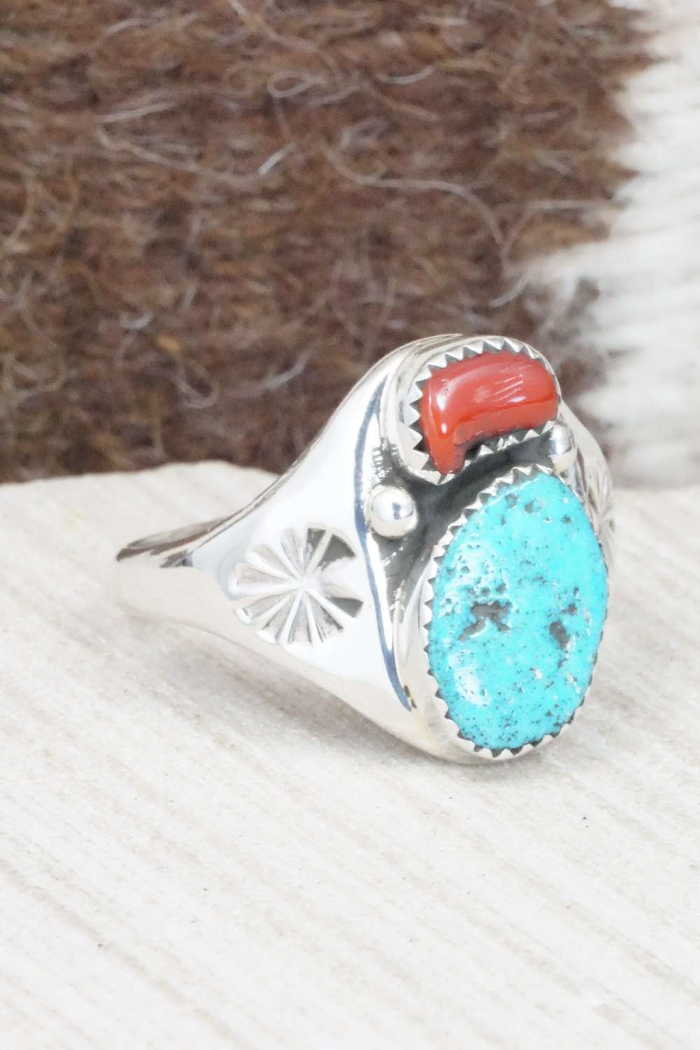 Turquoise, Coral & Sterling Silver Ring - Pauline Nelson - Size 15.75