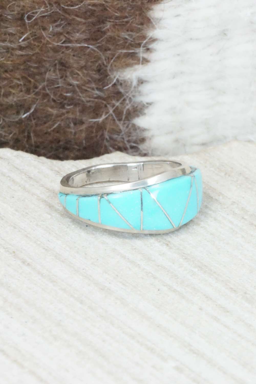 Turquoise & Sterling Silver Inlay Ring - M. Kanesta - Size 6.75