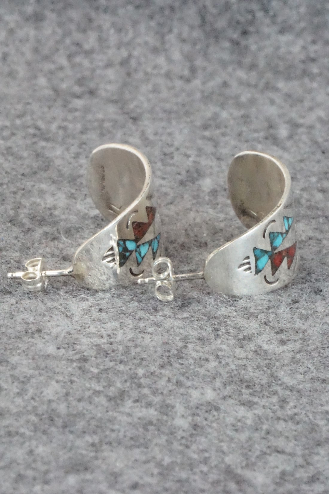 Coral & Turquoise Chip Inlay Sterling Silver Earrings - Jolene Yazzie
