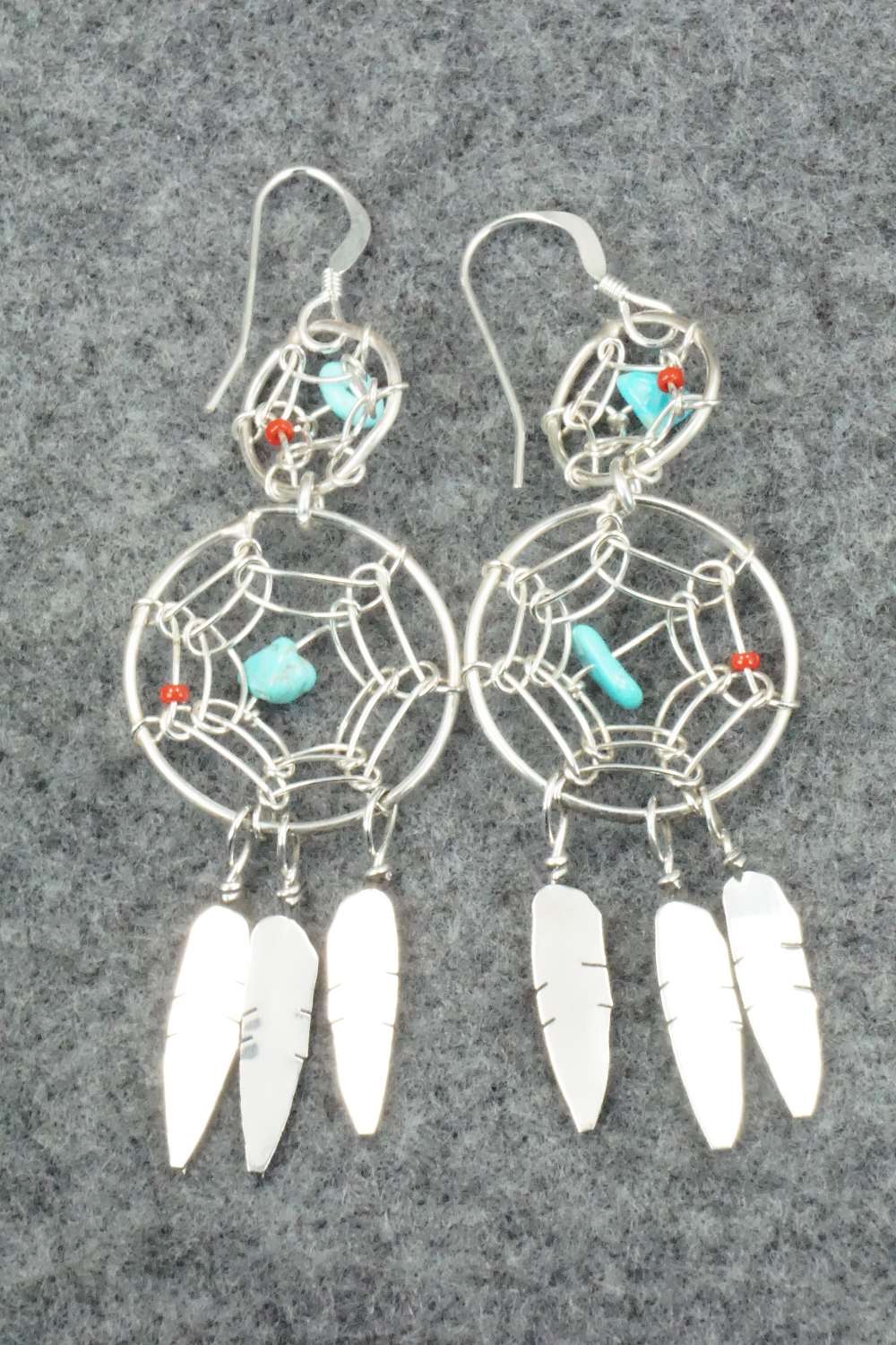 Turquoise, Coral & Sterling Silver Earrings - Lorenzo Arviso Jr.