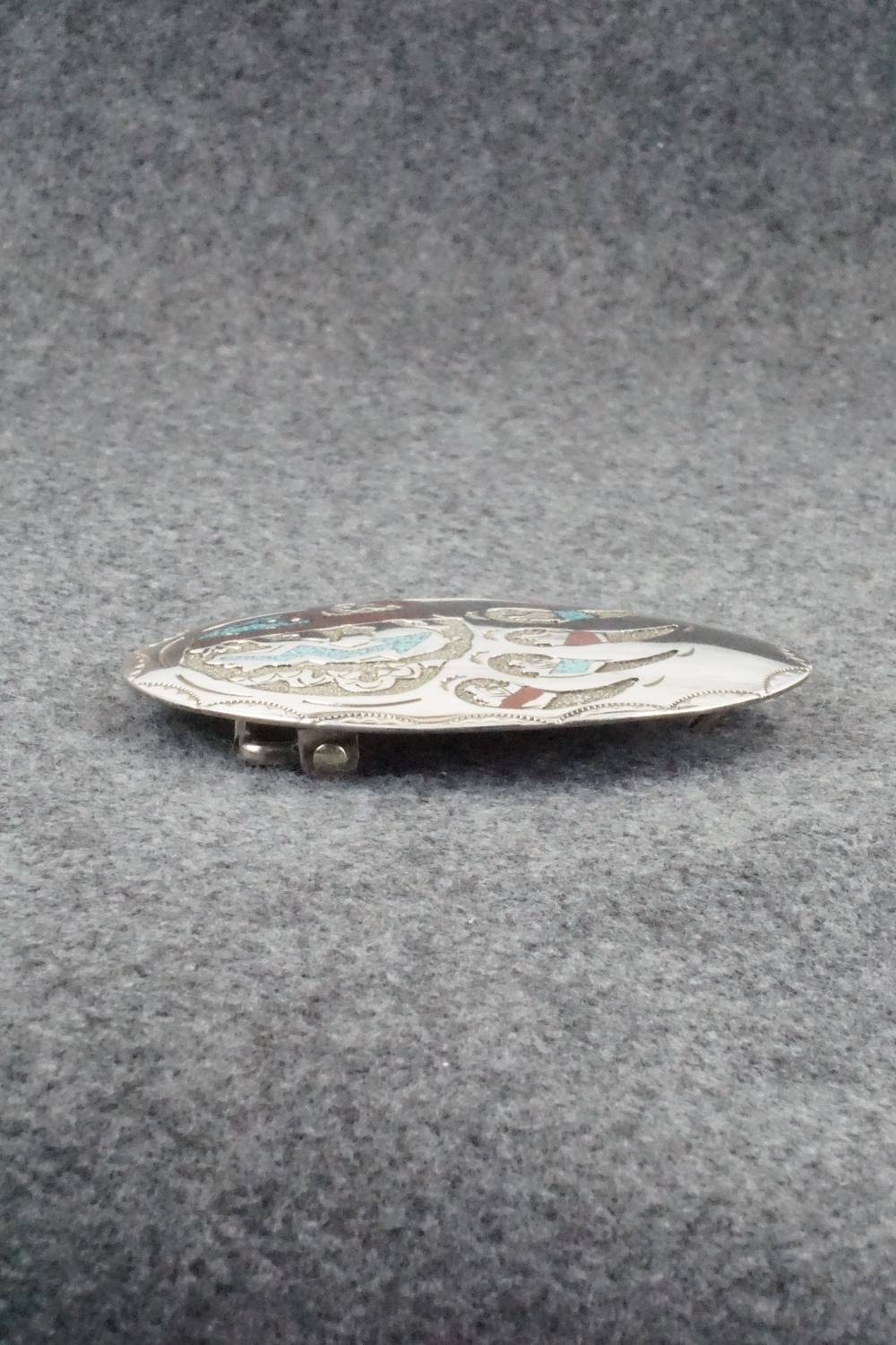 Turquoise, Coral and Sterling Silver Belt Buckle - Raymond Begay