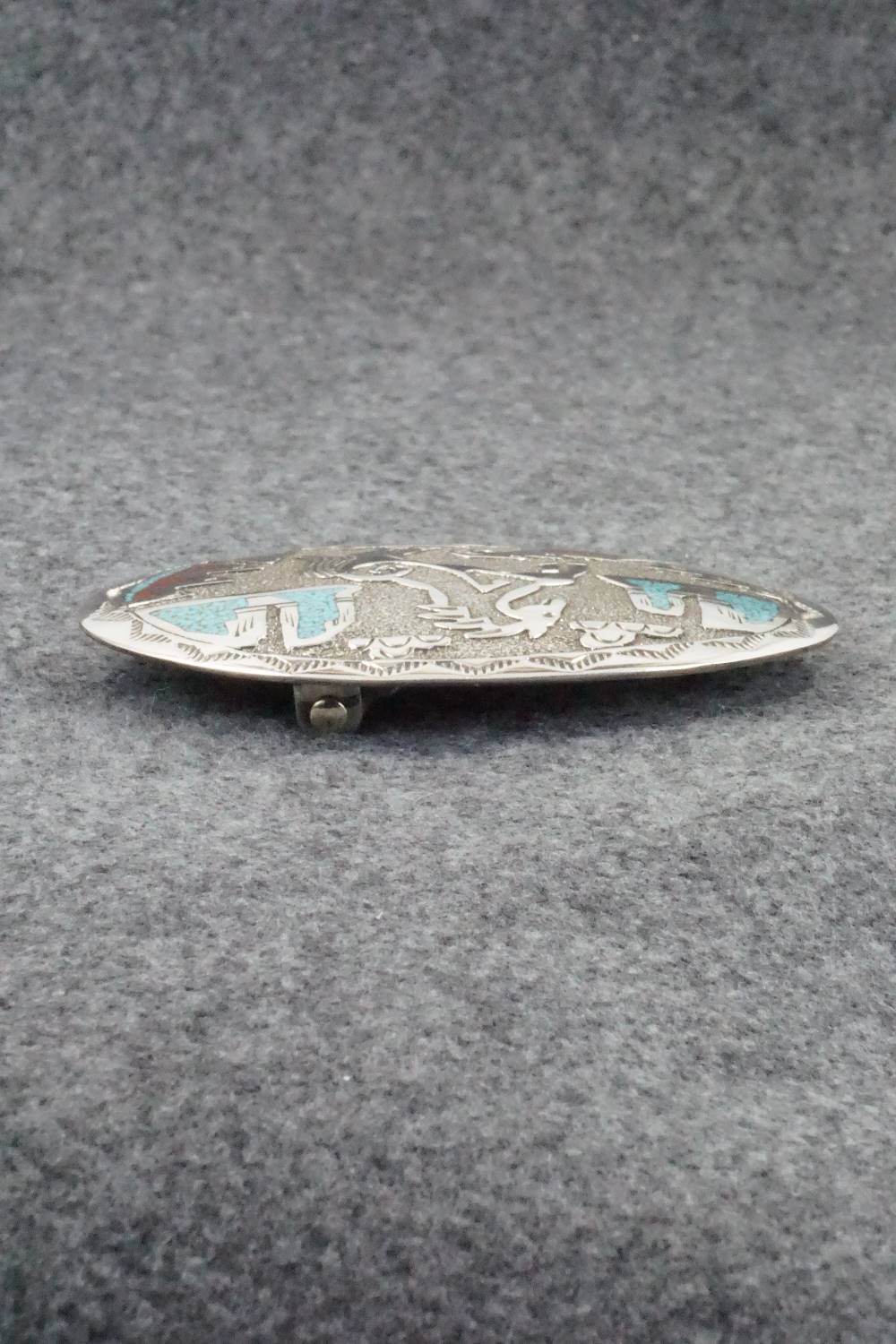 Turquoise, Coral and Sterling Silver Belt Buckle - Raymond Begay