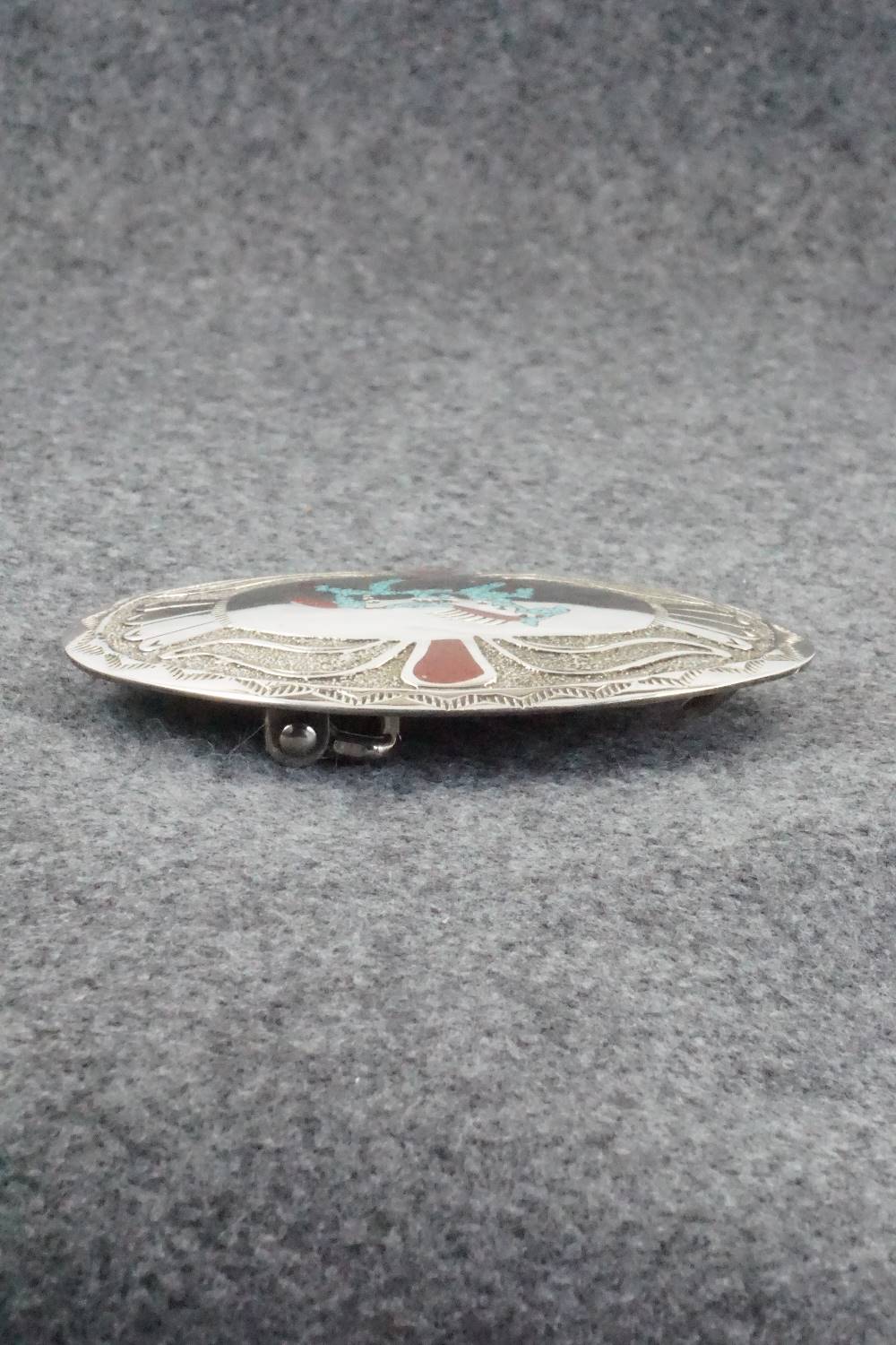 Turquoise, Coral and Sterling Silver Belt Buckle - Raymond Begay