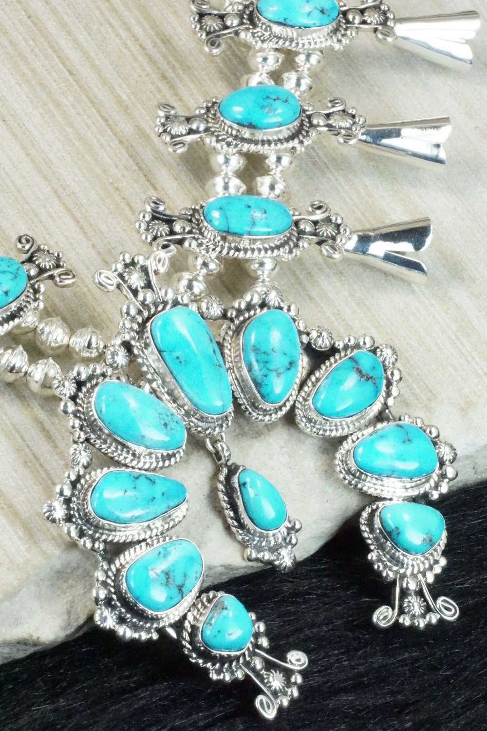 Turquoise & Sterling Silver Squash Blossom and Earrings - Vernon Johnson
