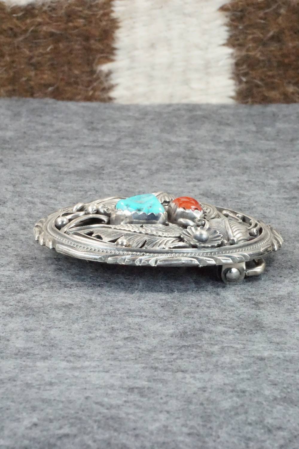 Turquoise, Coral & Sterling Silver Belt Buckle - Robert Kelly
