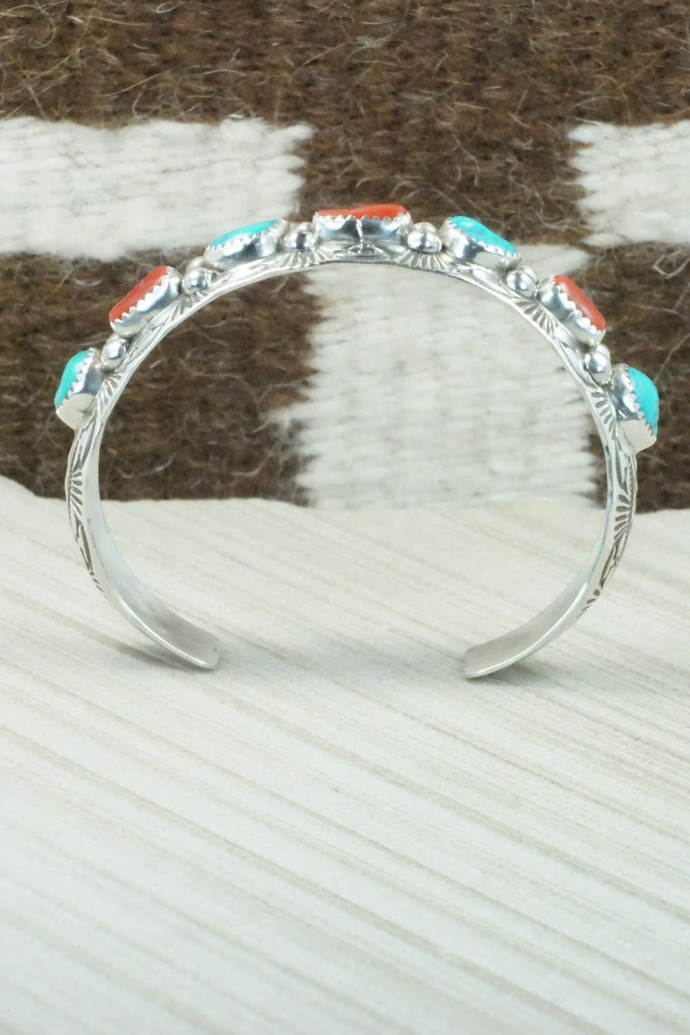 Turquoise, Coral & Sterling Silver Bracelet - Glenn Sandoval