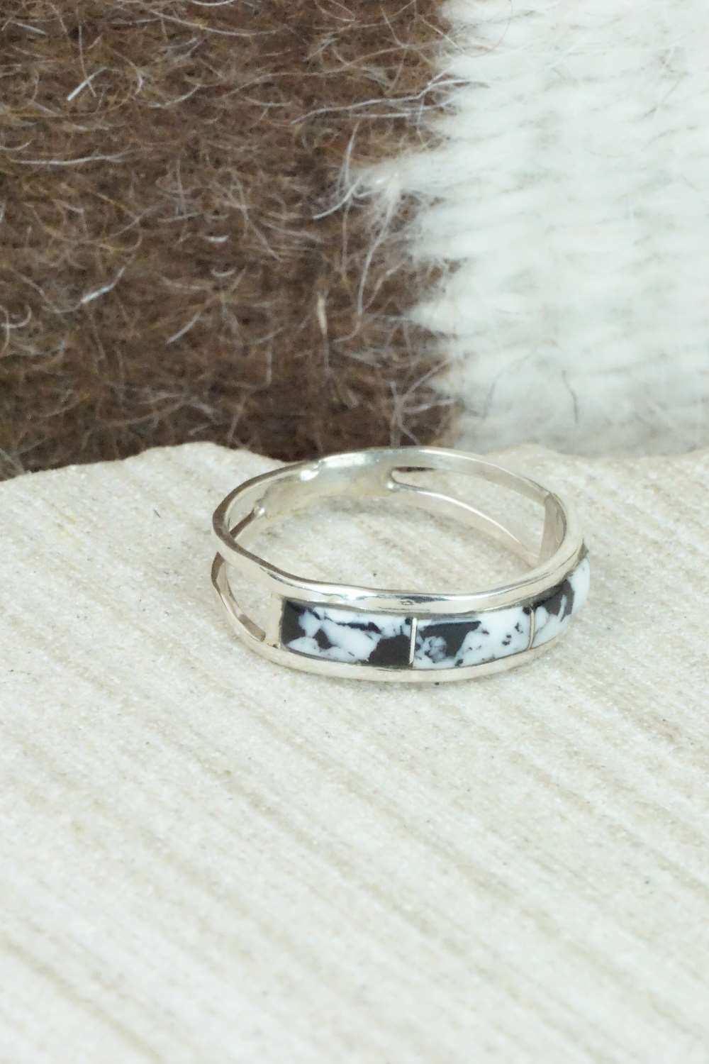 White Buffalo & Sterling Silver Inlay Ring - Debbie Livingston - Size 7