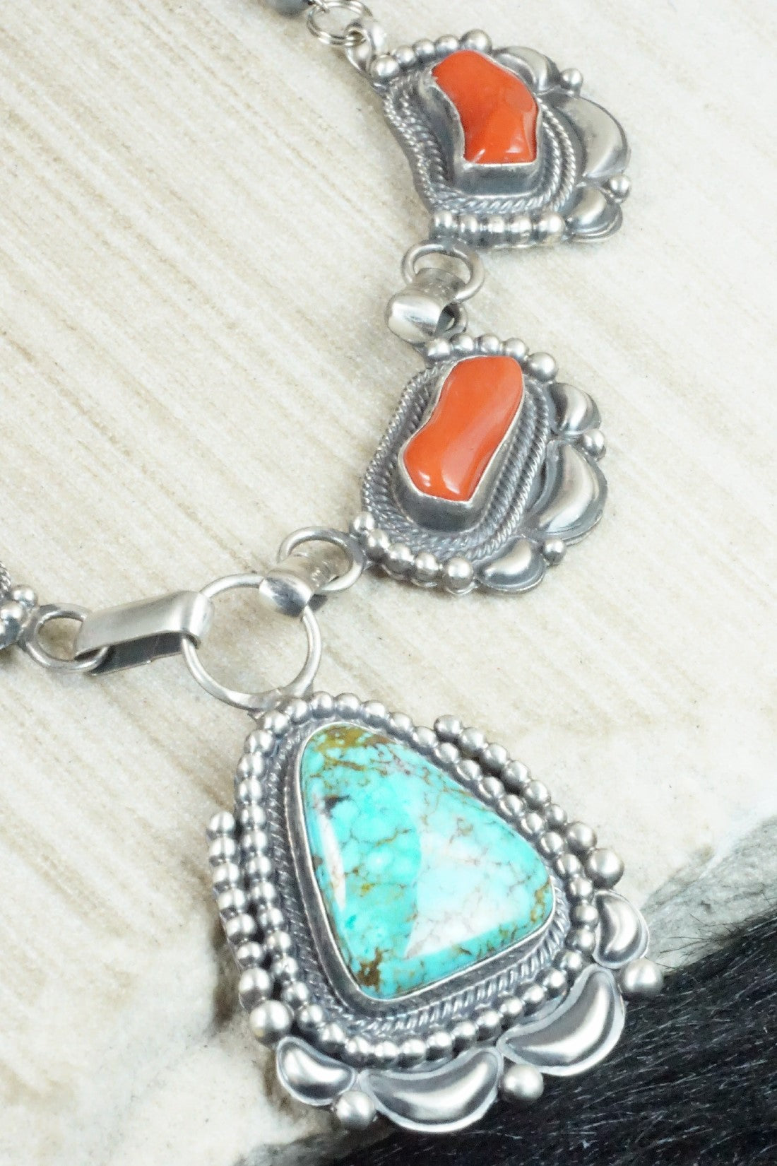 Turquoise, Coral & Sterling Silver Necklace and Earrings Set - Tom Lewis