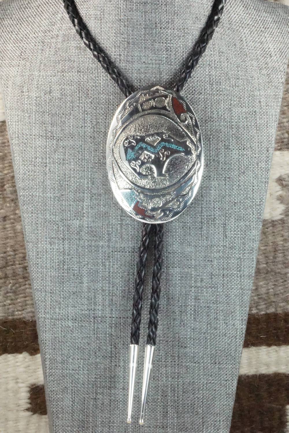 Turquoise, Coral & Sterling Silver Bolo Tie - Raymond Begay