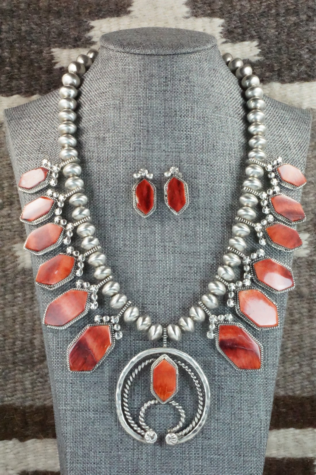 Spiny Oyster & Sterling Silver Squash Blossom Necklace and Earrings - Selina Warner